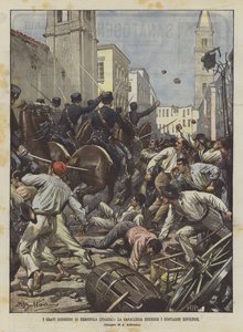 Die schweren Unruhen von Cerignola (Foggia), die Kavallerie zerstreut die aufständischen Bauern von Achille Beltrame
