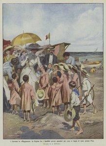 Die Monarchen im Urlaub, die Königin unter den armen Kindern, die zur Erholung an die Küste bei Pisa geschickt wurden von Achille Beltrame