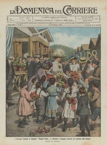 Die Herrscher besuchen das Dorf Regina Elena in Messina, die Blumenehrung der Kinder an die Königin von Achille Beltrame