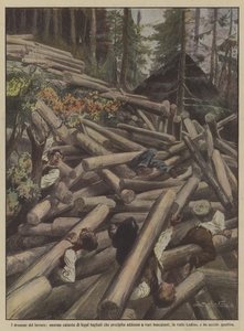 Die Dramen der Arbeit, ein riesiger Stapel gefällter Bäume stürzt auf mehrere Holzfäller von Achille Beltrame