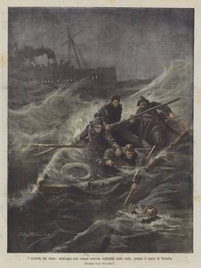 Die Dramen des Meeres, Rettungsboot mit fünf Matrosen von den Wellen verschlungen, bei dem Hafen von Venedig von Achille Beltrame