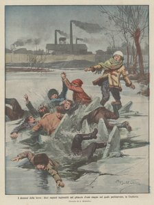 Die Dramen der Erde, zehn Jungen vom Eis eines Teiches verschlungen, auf dem sie in Ungarn Schlittschuh liefen von Achille Beltrame