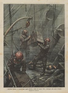 Die Taucher arbeiten an der Bergung der Gegenstände, die an Bord des vor der spanischen Küste gesunkenen Dampfers Sirio waren