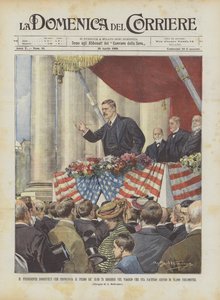 Präsident Roosevelt hält die erste seiner 75 Reden auf seiner Reise
