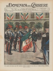 Der König hängt die Tapferkeitsmedaille an die Flagge der Carabinieri-Schüler in Rom