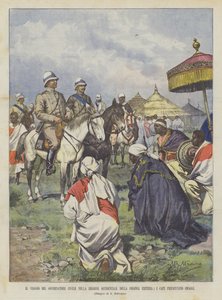 Die Reise des Zivilgouverneurs in die westliche Region der Kolonie Eritrea, die Häuptlinge präsentieren Geschenke