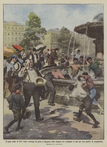 Die große Hitze in New York zwingt die Menschen, in Brunnen zu baden und der Sonne zu entkommen von Achille Beltrame
