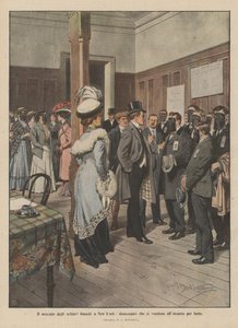 Der Markt der weißen Sklaven in New York, Arbeitslose, die sich aus Hunger versteigern (Farblitho) von Achille Beltrame
