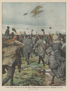 Die erste große Flugreise von einer Stadt zur anderen, Paulhan startete in London und landete am 28. April in Manchester von Achille Beltrame