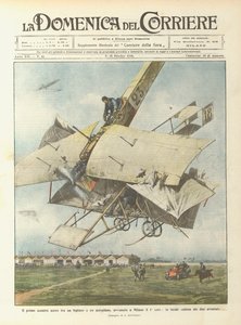 Das erste Luftgefecht zwischen einem Doppeldecker und einem Flugzeug, das am 1. in Mailand stattfand von Achille Beltrame
