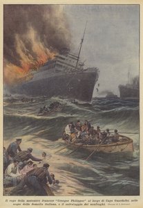 Das Feuer des französischen Motorschiffs Georges Philippar vor Kap Guardafui, in den Gewässern von... von Achille Beltrame