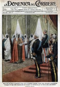 Im Thronsaal des Quirinalspalastes empfing der italienische König Viktor Emanuel III (Viktor Emanuel) (Vittorio Emanuele) die Senousist-Mission der Cyrenaika (in Libyen), die gekommen war, um Tribut und Glückwünsche zum Sieg der italienischen Truppen zu