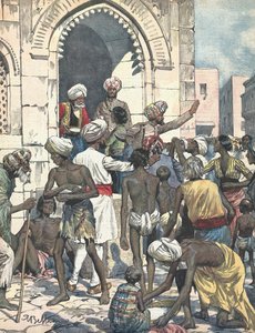 Indien. Dürre verursacht Epidemien. Lebensmittelverteilung. Illustriert von Antonio Beltrame. La domenica del Corriere. 26. Februar