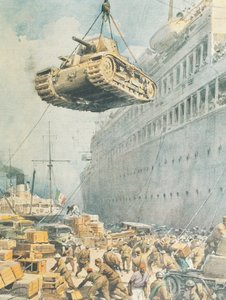 Italienischer Konvoi erreicht sein Ziel in Libyen, von Achille Beltrame, Illustration, Illustrator Achille Beltrame (1871-1945), aus La Domenica del Corriere von Achille Beltrame