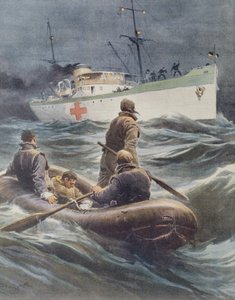 Italienisches Hospitalschiff nimmt Verwundete an Bord, Illustration von Achille Beltrame von Achille Beltrame
