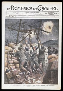 Italienische Soldaten setzen Friesenpferd in den Graben, Platte von Achille Beltrame für Domenica del Corriere, 2-9 April 1916, Erster Weltkrieg, Italien, 20. Jahrhundert von Achille Beltrame