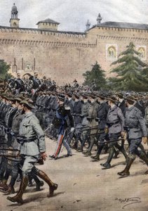 Italiens neue Milizen: Freiwillige in Zivilkleidung während einer Militärparade am 11. November in Mailand. Ill. von Beltrame. La Domenica del Corriere. 11/1914 von Achille Beltrame