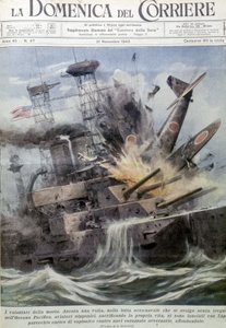 Japanische Selbstmordattentäter explodieren auf feindlichen Schiffen - in „La Domenica del Corriere“, 21. November 1943 (Lithographie)