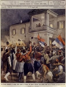 König Nikolaus I. von Montenegro vor einer Menge in Cettigne nach der Kapitulation der Stadt Shkoder, 4. Mai von Achille Beltrame