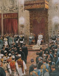 König von Italien, Vittorio Emanuele III. von Savoyen, wird zum König der Albaner gekrönt, von Achille Beltrame, Illustration, Illustrator Achille Beltrame, aus La Domenica del Corriere