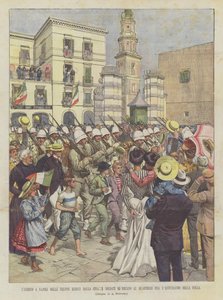 Die Ankunft der Truppen aus China in Neapel, die Soldaten gehen unter dem Jubel der Menge ins Quartier von Achille Beltrame