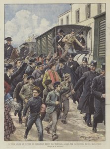 Die Menge greift die Wagen der Verurteilten an, die aus dem Gericht in Bari zurückkehren, um eine Verbrecherin zu bestrafen von Achille Beltrame