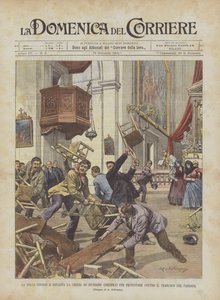 Die Menge stürmt und verwüstet die Kirche von Giussano (Brianza) aus Protest gegen den Umzug des Pfarrers von Achille Beltrame