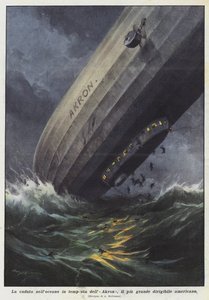 Der Sturz des Akron, des größten amerikanischen Luftschiffs, in den stürmischen Ozean