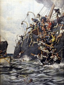 La catastrophe du Liban: les passagers se jettent à la mer après la collision avec un autre paquebot au large de Marseille. Illustration von Beltrame. La Domenica del corriere. 1903