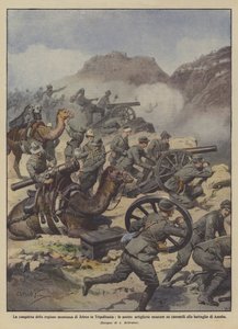 Die Eroberung der Bergregion von Jefren in Tripolitanien, unsere Artillerie montiert von Achille Beltrame