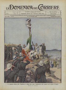 Die italienische Eroberung von Tripolitanien weitet sich aus, Hissen der Flagge auf der Spitze von Tagiura von Achille Beltrame