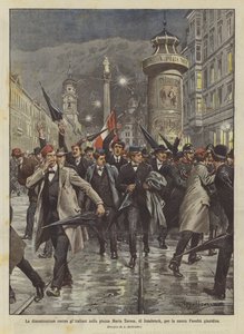 Die Demonstration gegen die Italiener auf dem Maria-Theresien-Platz in Innsbruck für die neue juristische Fakultät von Achille Beltrame