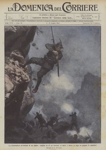Das dramatische Abenteuer eines Alpenjägers, über einer Schlucht hängend, kämpft er und vertreibt eine Gruppe Österreicher von Achille Beltrame
