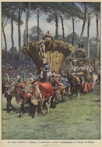 Das Traubenfest in Rom, der malerische Erntezug auf der Piazza di Siena von Achille Beltrame