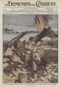 Die anglo-französische Flotte zerstört aus der Ferne die Festungen der Dardanellen, um die Meerenge zu erzwingen von Achille Beltrame