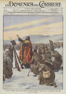 Der Krieg in Polen, russischer Priester, der während einer religiösen Zeremonie auf dem Feld Gott anruft