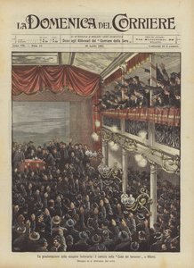 Die Proklamation des Eisenbahnerstreiks, die Versammlung im Haus der Eisenbahner in Mailand von Achille Beltrame