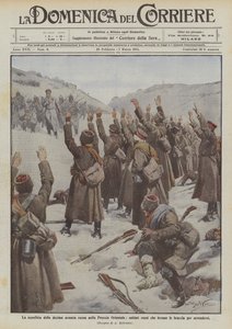 Die Niederlage der zehnten russischen Armee in Ostpreußen, russische Soldaten heben die Arme zur Kapitulation