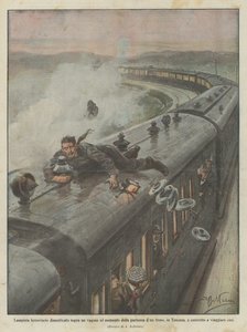Eisenbahner, der bei der Abfahrt eines Zuges in der Toskana auf einem Waggon vergessen wurde