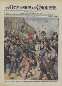 Die Begeisterung für den Krieg, die Abfahrt des 50. Regiments aus Turin nach Tripolis löste Begeisterung aus von Achille Beltrame