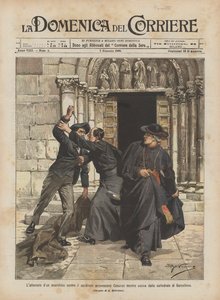 Das Attentat eines Anarchisten auf den Kardinalerzbischof Casanas, als er die Kathedrale von Barcelona verließ von Achille Beltrame