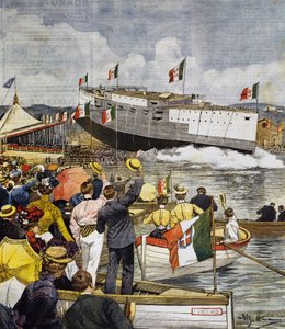 Stapellauf des Schlachtschiffs Regina Margherita in La Spezia, Tafel von Achille Beltrame, La Domenica del Corriere, 9. Juni von Achille Beltrame