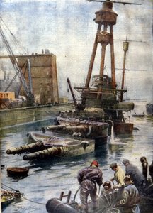 Das deutsche Schlachtschiff Hindenburg, das in Scapa Flow in Schottland gesunken ist, taucht nach 7 Jahren am Meeresgrund dank der englischen Flotte wieder auf (Illustration von Beltrame, La Domenica del Corriere) von Achille Beltrame