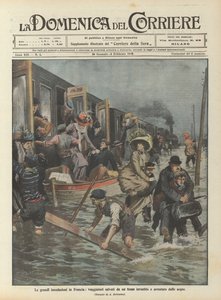Die großen Überschwemmungen in Frankreich, Reisende aus einem von Wasser getroffenen und gestoppten Zug gerettet von Achille Beltrame