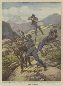 Die Tragödien in den hohen Bergen, Wildhüter, die zwei Wilderer in den Alpen von Setsch verhaften von Achille Beltrame