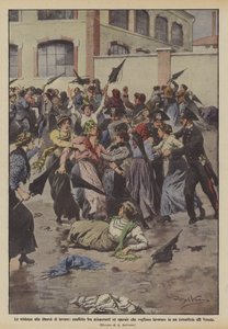 Die Gewalt gegen die Arbeitsfreiheit, Konflikt zwischen Streikenden und Arbeiterinnen, die arbeiten wollen von Achille Beltrame