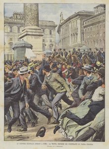 Der Generalstreik der Arbeiter in Rom, die Truppen zerstreuen die Streikenden auf der Piazza Colonna