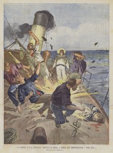Die Explosion einer im Meer gefundenen Torpedo an Bord des Schleppers John Bull von Achille Beltrame