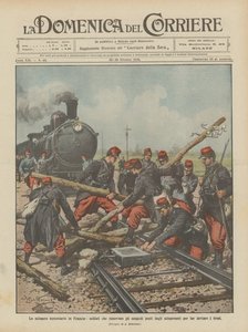 Der Eisenbahnstreik in Frankreich, Soldaten entfernen die von den Streikenden aufgestellten Hindernisse