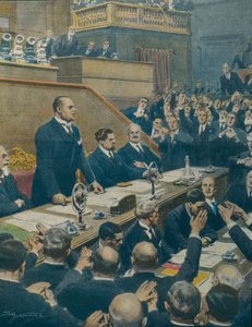 Benito Mussolini verkündet dem Senat das Bündnis der vier Westmächte. Achille Beltrame (1871-1945) aus La Domenica del Corriere, 7. Juni. von Achille Beltrame